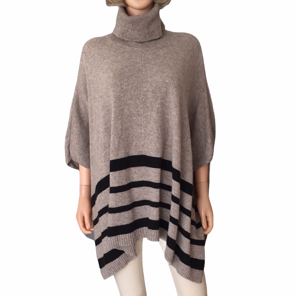 Tahari Wool & Yak Hair Turtleneck Poncho with Sleeves - Beige/Black Striped